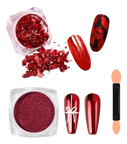 Kit Polvo Efecto Espejo + Flakies +aplicador Decoración Uñas