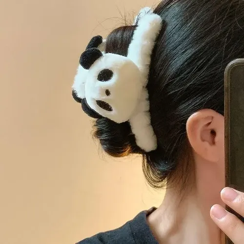 Double-sided Hair Clip With Black Plush Panda Design