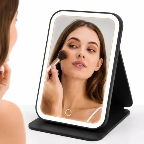 Espejo De Maquillaje LED Plegable Recargable USB Con Luz Táctil 3 Tonos De Luz Brillo Regulable Espejo HD Portátil Para Tocador Viajes Skincare