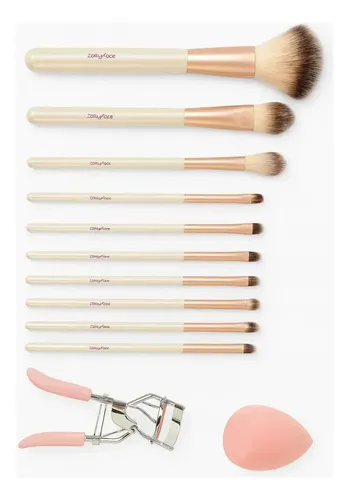 Set De 11 Brochas Maquillaje Con Neceser Esponja Y Arqueador