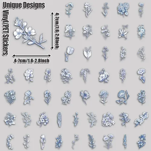50 Stickers Flores Azules Y Blancas Pack