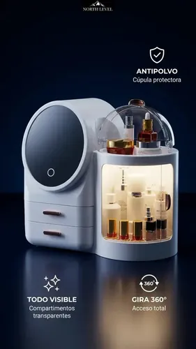 Organizador De Maquillaje NORTH LEVEL Con Espejo Y Luz LED Para Tocador