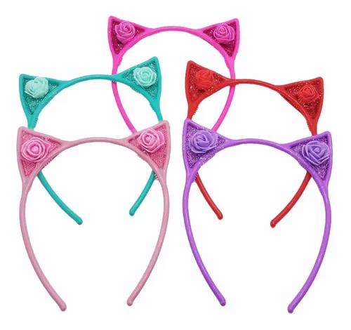 Vincha Infantil Gatito Orejas Glitter Flores Pelo Pack X 6