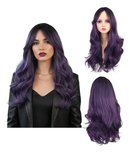 Peluca Violeta Larga Ondas Flequillo Fibra Simil Natural