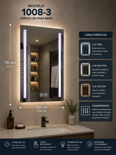 Espejo Vertical Luz Led 50x70cm Desempañador Touch Baño Rect