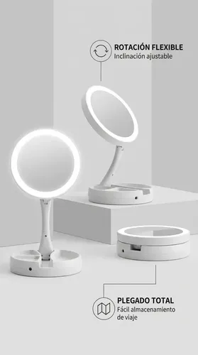 Espejo De Maquillaje Redondo Plegable Aitech Usb Pila Blanco Redondo Recargable Portatil Rotacion Ajustable Tactil Luz Fria Calida Tocador Viaje Profesional Base Estable