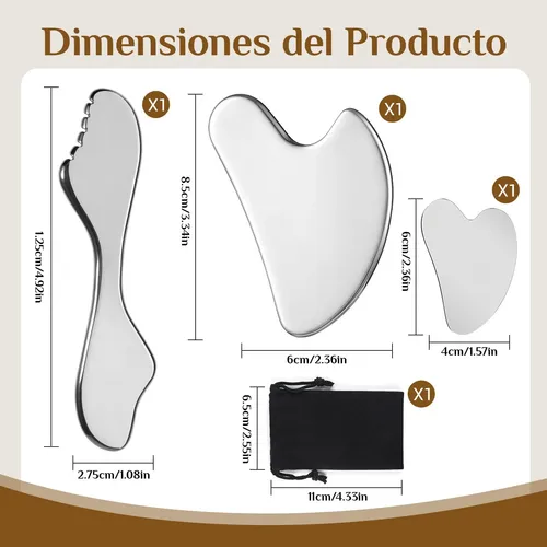 3 Pzs Gua Sha, Masaje Facial Gua Sha De Acero Inoxidable,