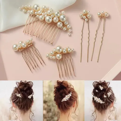 5 Pcs Perlas Peine El Pelo De Boda Para Novia Dorado