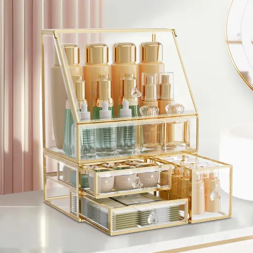 Organizador De Maquillaje De Vidrio Coralhouse –  Cajón –  C Coral Claro