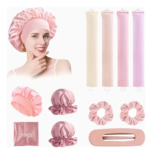 11 Piezas Rulos Sin Calor Satin Rosa Para Cabello