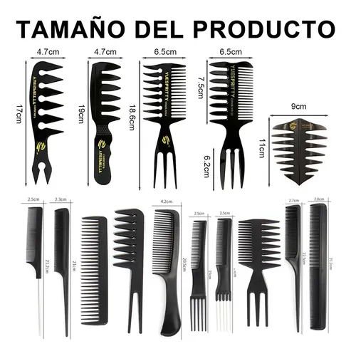 Set De 15 Peinetas Con Dientes Anchos Y Finos, Color Negro Negro