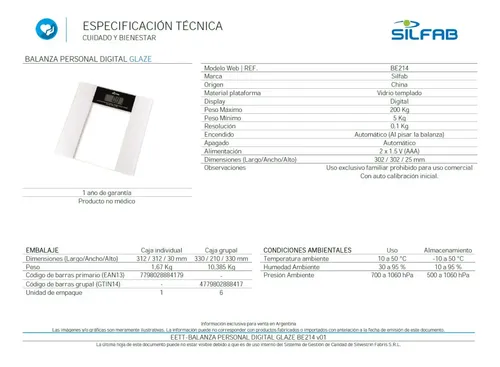 Balanza Digital Personal Vidrio Templado Silfab Be214