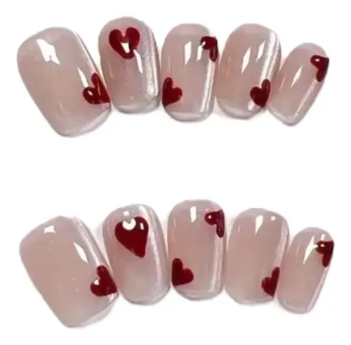 Uñas Postizas Press On Autoadhesiva Set Completo Corazones