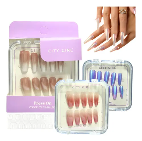 Kit Uñas Postizas Coffin Press On Efecto Aurora Con Adhesivo