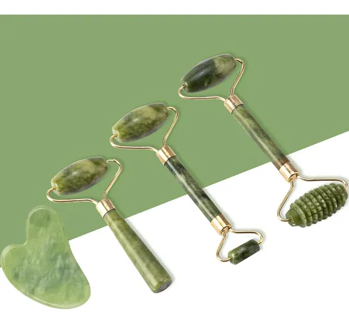 Kit Masajeador Facial Jade Roller Y Gua Sha 5 Unidades Verde