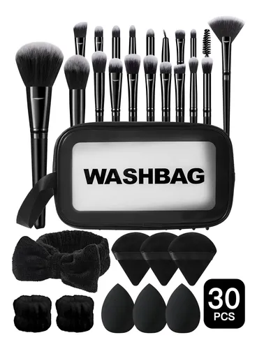 Set 30 Pinceles Y Esponjas De Maquillaje Con Neceser Negro