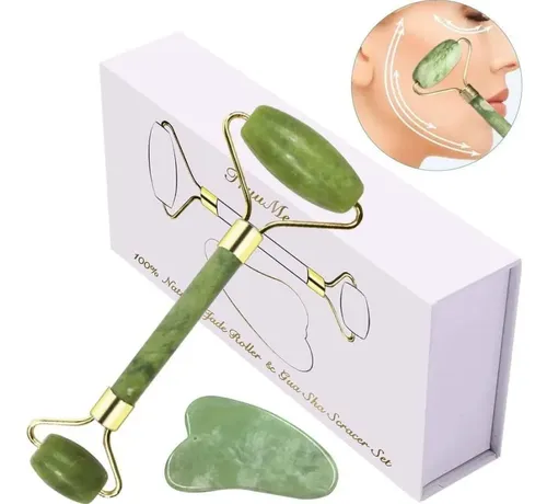 Set Masaje Facial Jade Rodillo Gua Sha Natural Cuello Cara