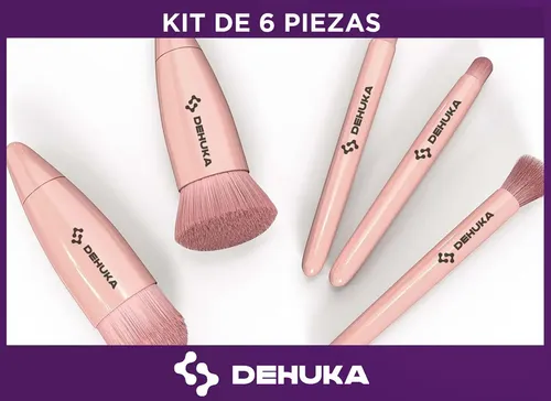 Set X5 Brochas Y Pinceles Maquillaje Profesional Sintéticos Con Estuche Espejo Rosa Dehuka