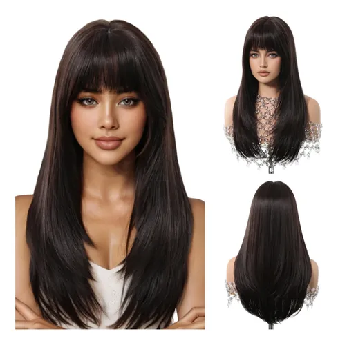 Peluca Reductora De Edad De Pelo Largo Y Liso Con Flequillo. Brown M