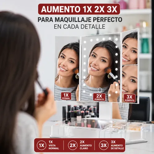Espejo Maquillaje Led Tríptico Recargable Táctil 3 Aumentos