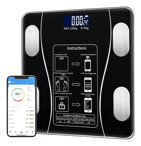 Balanza Digital Bluetooth Lelong 180kg Mide Grasa Corporal Negro