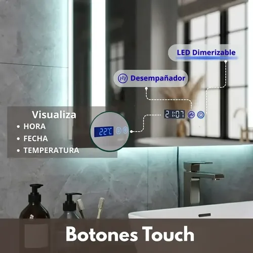 Espejo Baño Luz Led Rectangular Touch Desempañador Hora Pulido