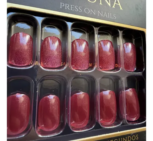 Uñas Press On Cortas Veluna Soft Gel Redondeadas Reutilizables – Borgoña Metalizado