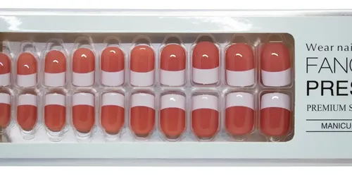 Uñas Postizas Press On Diswald & Co Fancy Press Cuadradas de Color Coral y Blanco