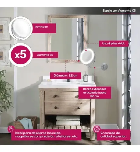 Espejo Extensible De Pared X5 Doble Cara Con Luz Led Gradom
