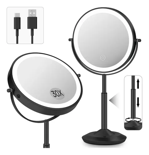 Espejo De Maquillaje Con Luz 30x Aumentos Recargable Negro
