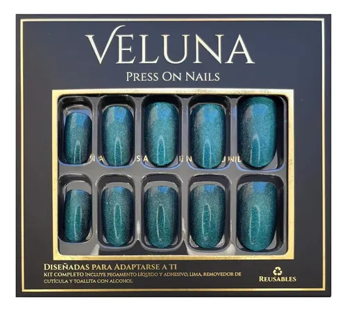 Uñas Press On Veluna Ojo De Gato Brillo Metalizado Premium Color Azul Profundo