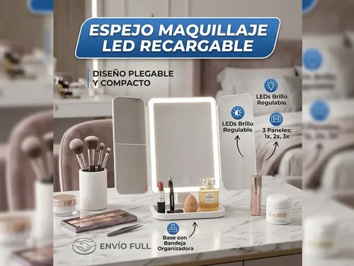 Espejo Maquillaje Led Tríptico Plegable Recargable Usb Touch