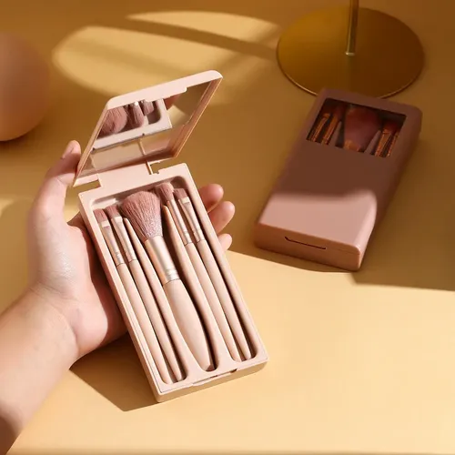 Set 5 Brochas Maquillaje Portátil Con Estuche Y es Rosa