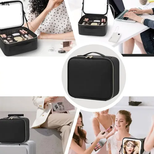 Alhajero Neceser Mtl Portátil Luz Led Espejo Compartimentos Ajustables Bandeja Desplegable Ideal Para Viaje Organización Maquillaje Accesorios Diseño Moderno Elegante Resistente Material Pu Negro