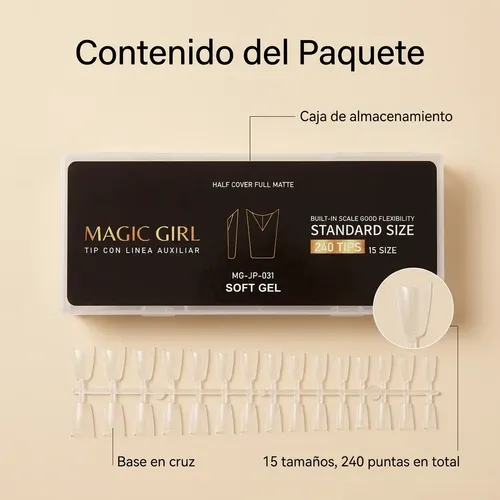 Tips Soft Gel Medio Cubrimiento Mate Cuadrado 240 Unidades