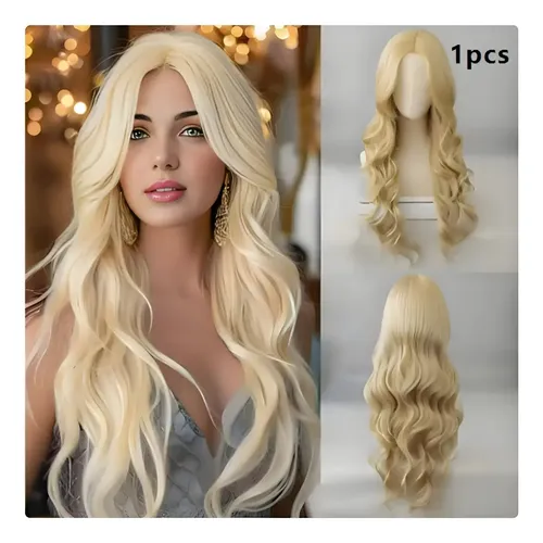 Peluca Mujer Rubia Clara Larga Flequillo Raya Central Ss