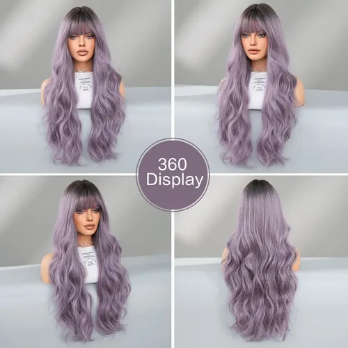 Peluca Larga Ondulada De Color Gris Púrpura Para Mujer