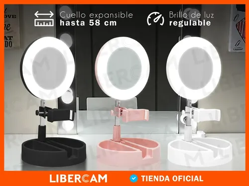 Espejo Selfie Porta Celular Luz Led LIBERCAM ELS-10BL Ring Light Usb Maquillaje Color Blanco