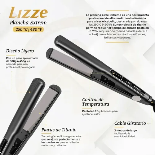 Plancha Para Cabello Lizze Extreme 250°c Titanio Protector Y Serúm Top Finish Primont