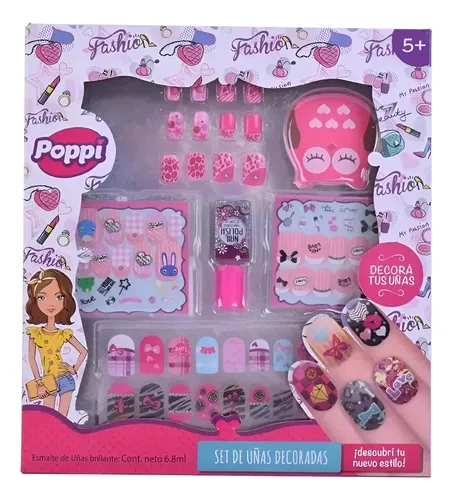 Set De Uñas Postizas Decora Esmalte Infantil Nena Poppi