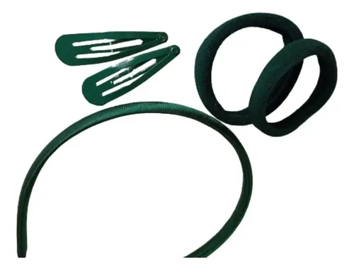 Combo Escolar Vincha Rígida + Par D Colitas + Par D Hebillas Color Verde