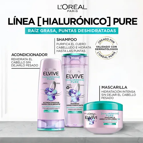 Acondicionador Hidratante para Cabellos con Raíces Grasosas y Puntas Secas con Ácido Hialurónico y Salicílico Pure Hialurónico Elseve L’Oréal Paris, 400ml