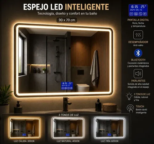 Espejo Inteligente Led Con Pantalla Multifunción, Bluetooth
