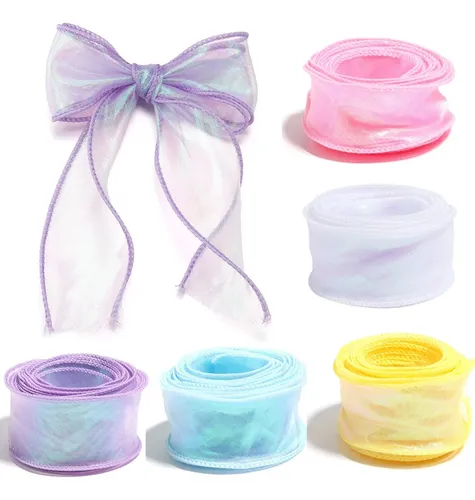 Kit 5 Rollos Cinta Organza Iridiscente Para Manualidades Celeste Lisa