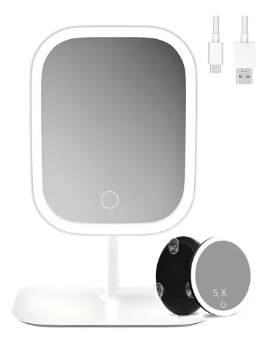 Espejo De Maquillaje Con Luz Led Recargable Y Aumento 5x Blanco