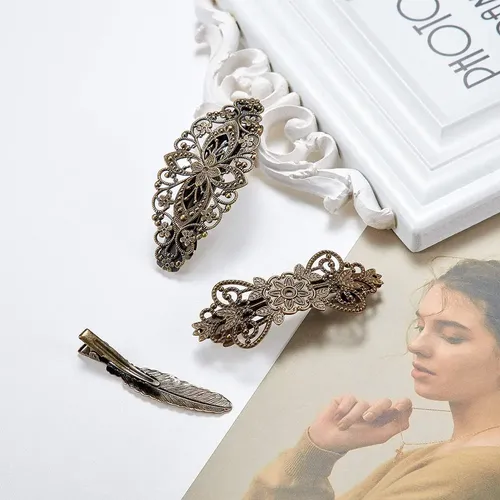 Pinza De Pelo Retro De Bronce Con Diseño Floral Y Grabado K