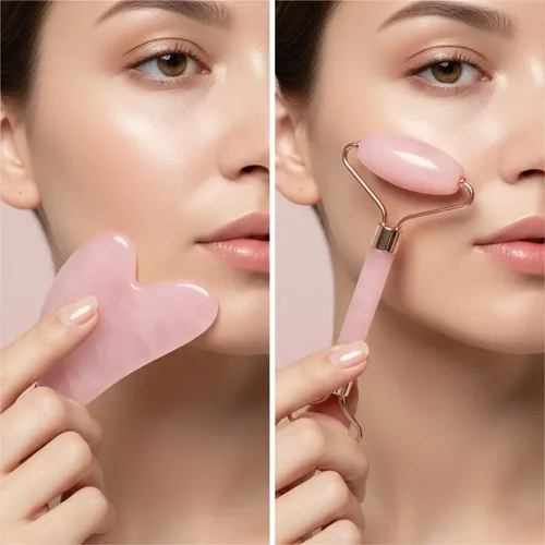 Set Rodillo Y Gua Sha Facial Rosa Para Drenaje Linfático