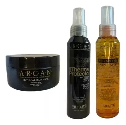 Combo Fidelité Argán Brillo+protector Termico+mascara 250ml.