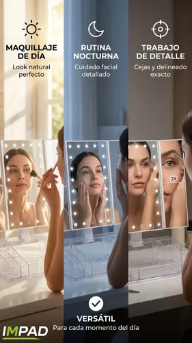 Espejo Maquillaje Led Con Organizador Aumento 2x 3x Plegable