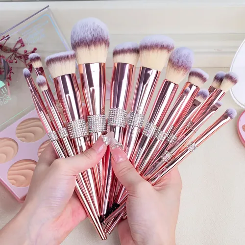 Set 16 Brochas Maquillaje Bueart Design Mango Metal Oro Rosa